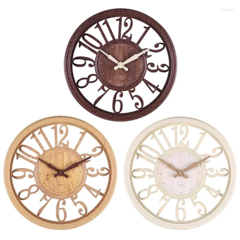 Relojes de pared de estilo europeo, reloj de madera ahuecado, dígitos grandes en 3D, arte en forma redonda, cocina, hogar, oficina, decoración