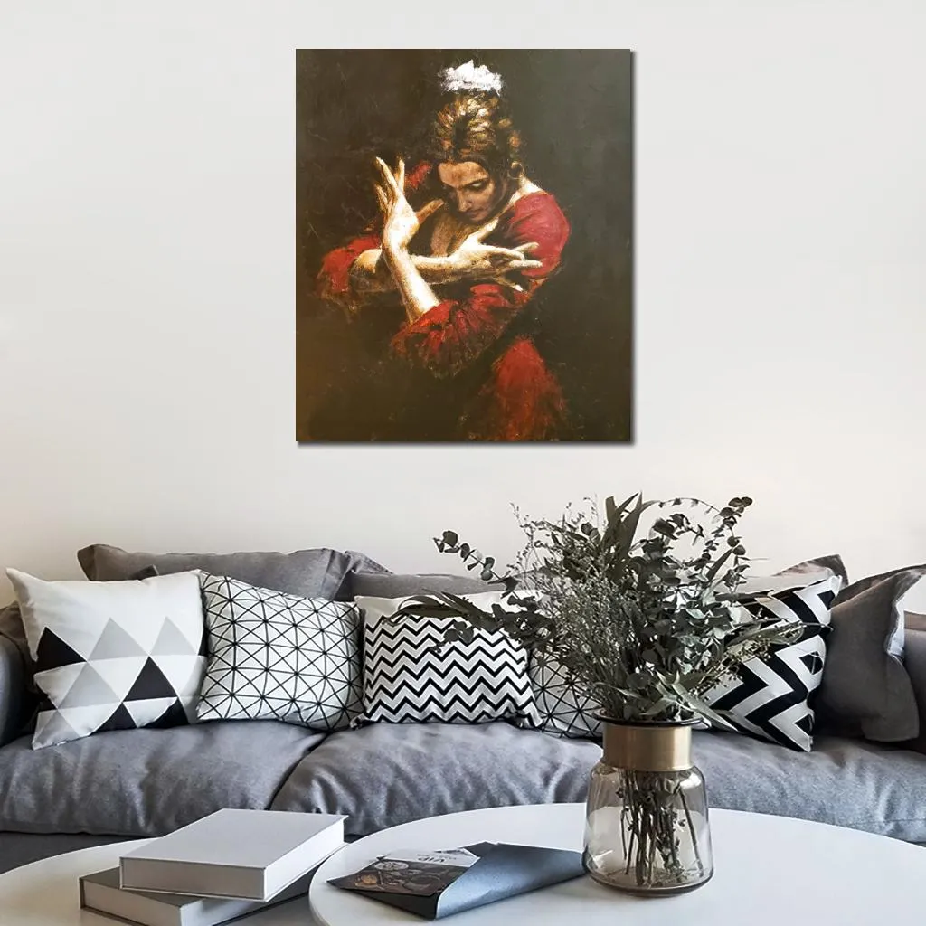 Handgeschilderde getextureerde figuratieve canvaskunst Flamencodanser in rood Romantisch realisme Danskunstwerk Kleurrijk decor voor slaapkamer