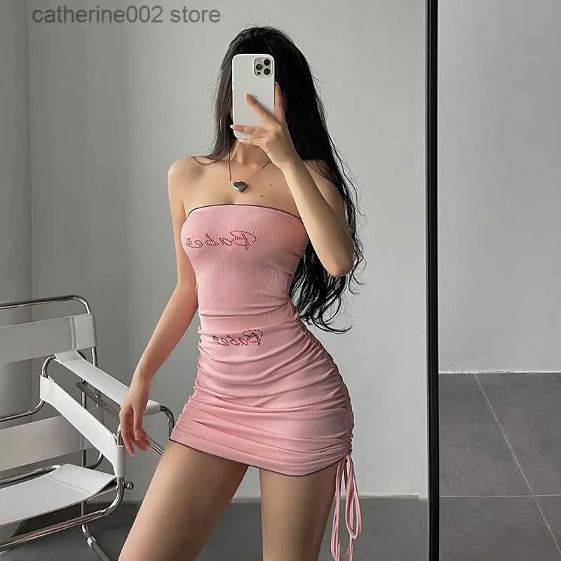 Party Dresses TVVOVVINSexy Navel Backless Pink Tight Hot Vest Tank Tops + Lace Up Drawstring Skinny Hip Tank Mini Dress Sexy Korean Top BH8A T230602