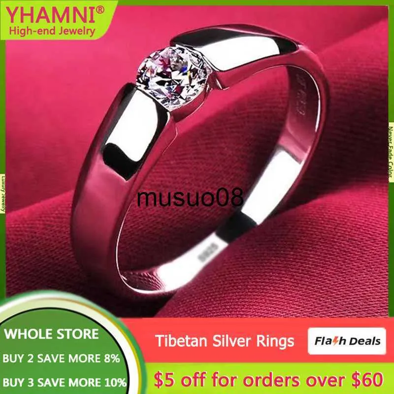 Bandringar Yhamni Real Certified Tibetan Silver Rings for Women Men High Quality Round Zircon Wedding Engagement Band Gift Jewelry J230602