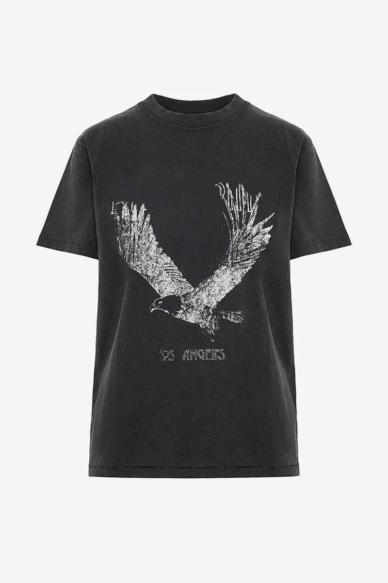 T-shirt girocollo in cotone con disegno di lettera T-shirt firmata da donna a maniche corte nera stampata Tops270g