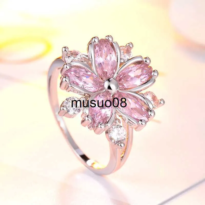 Band Ringen Elegante Mode Sakura Prinses Verlovingsringen voor Bruid Sieraden Romantische Kersenbloesem Zirkoon Dame Ringen J230602