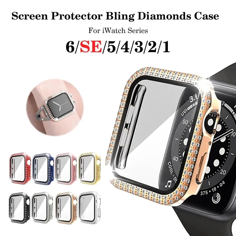 Diamond Screen Protector klocka Fodral för Apple iWatch 45mm 44mm 42mm 41mm 40mm 38mm Bling Crystal Heltäckande Skyddsfodral PC Bumper With Retail Box