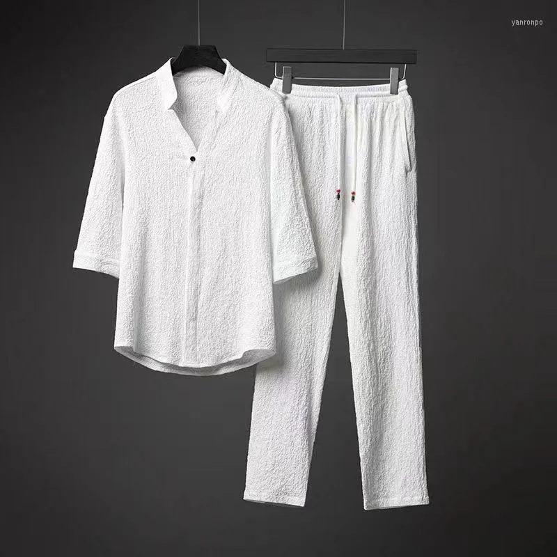 Tute da uomo Set da 2 pezzi da uomo Summer White Thin Wrinkle Ice Silk Mezza manica T-shirt e pantaloni Suit Plus Size 5XL Soft Comfort