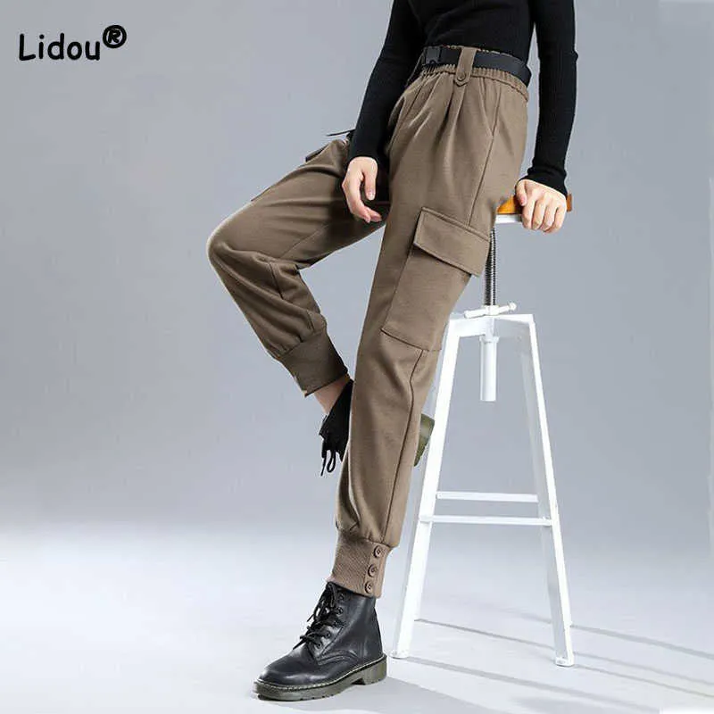 Pantalones cargo sólidos elásticos, pantalones cargo de cintura alta con  bolsillos, pantalones casuales para todos los días, ropa de mujer