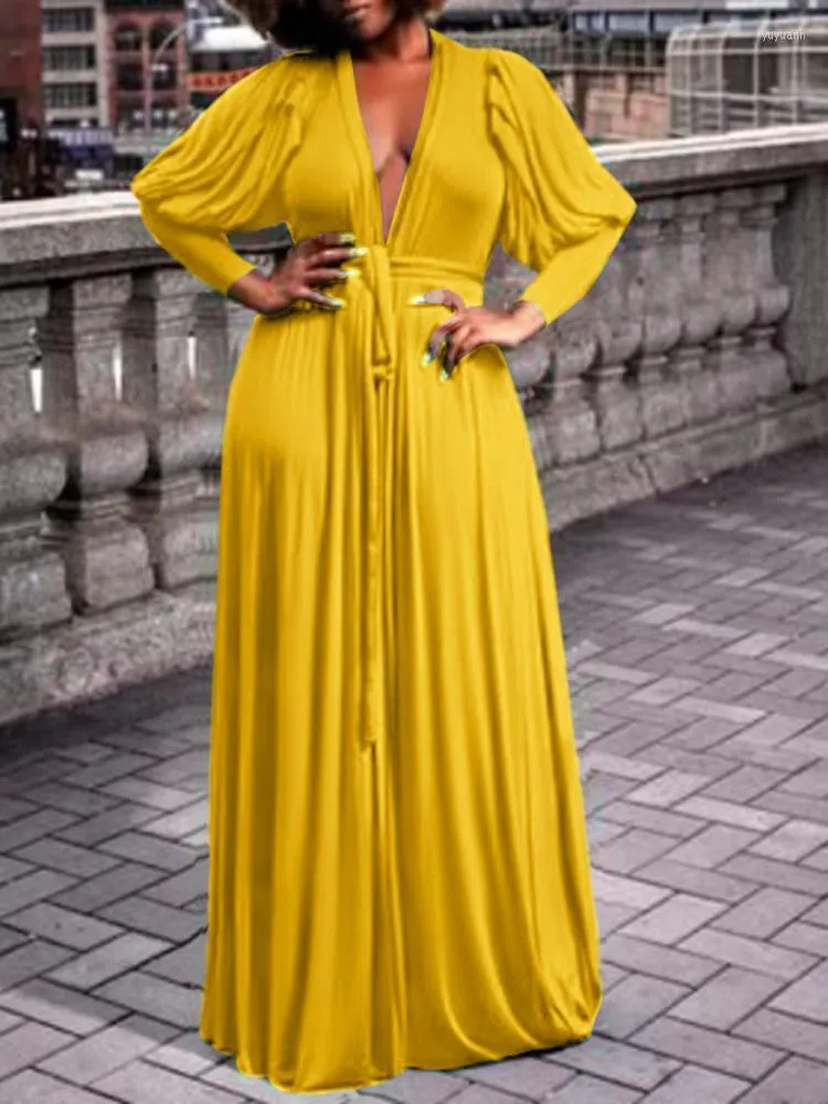 Robes décontractées VONDA été bohème Maxi 2023 femmes élégant Satin longue robe d'été fermeture éclair Sexy lanterne manches Baggy col en V fête Vestidos