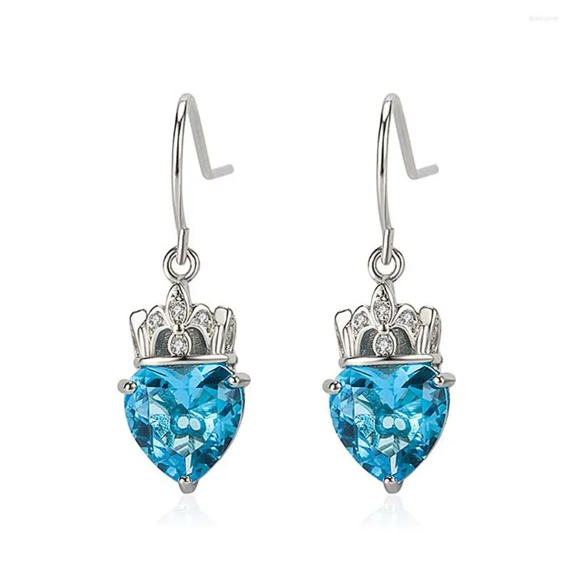 Dangle Oorbellen Fashion Chic Heart Crown Blue Crystal Topaz Edelstenen Drop Voor Vrouwen Meisje Wit Goud Zilver Kleur Sieraden Brincos Geschenken