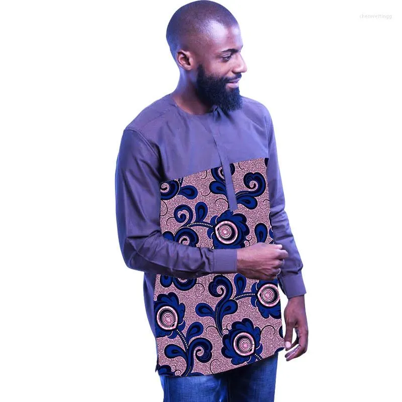 Camicie casual da uomo Camicia da uomo di moda nigeriana Blu scuro Top a maniche lunghe Patchwork Design Tailored Male African Party Groom Wear