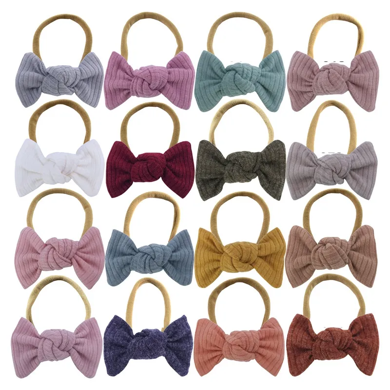 Spädbarn mjuk hudvänlig bomull bowknot hårband fast färg randiga bågar nylon pannband hår tillbehör födelsedag present