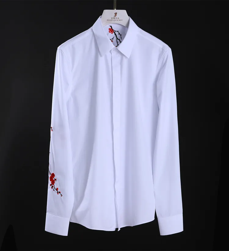 New Men Shirt Luxury Plum Blossom Embroidery Long Sleeve Mens Shirts Black White Slim Fit Mens Dress Shirts Plus Size 4XL