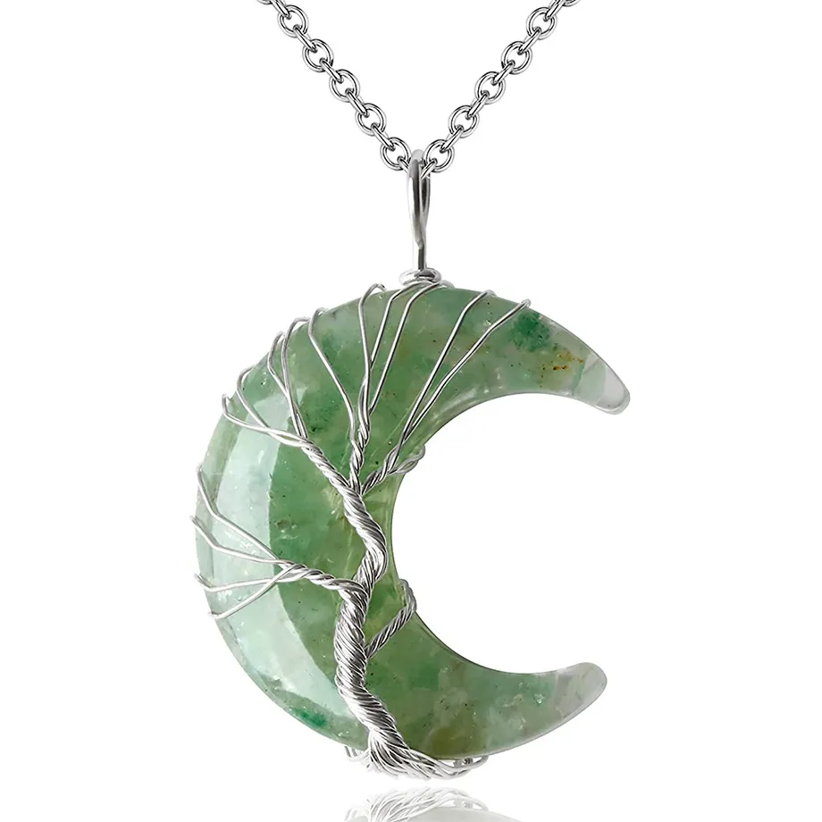 7 Chakras Tree of Life Necklace Wire Wrap Crescent Moons Crystal Pendants Chip Quartz Natural Stone Resin Stainless Steel