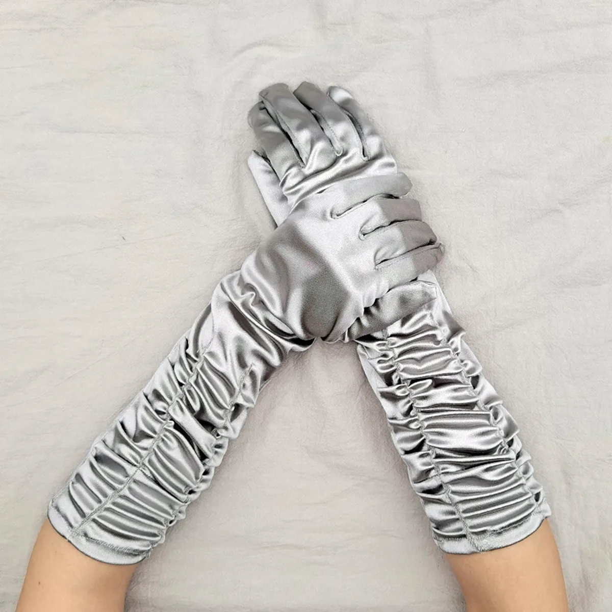 Bride Wedding Gloves Women`s Wrinkled Stage Performance Wedding Satin Gloves