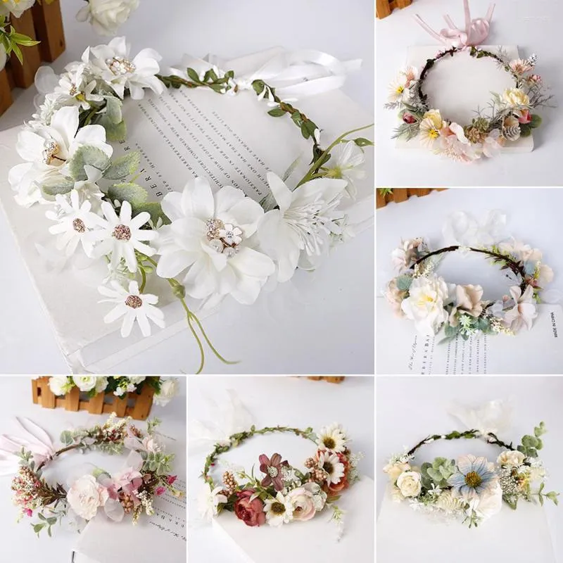 Decorative Flowers Artificial Flower Wreath Bride Women Crown Hair Band Wedding Floral Headband Garland Ribbon Girl Accessories