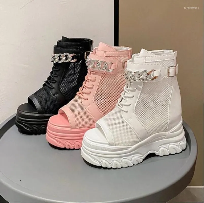 Sandalen 2023Platform Wedge Voor Vrouwen Wit Ademend Mesh Sneakers Hoge Hakken Hollow Out Chunky Chain Schoenen