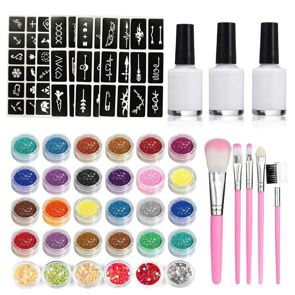 Tatuaggi 30 colori diamante flash glitter modello in polvere set di tatuaggi 60 modelli flash set per bambini adulti viso body art pittura trucco