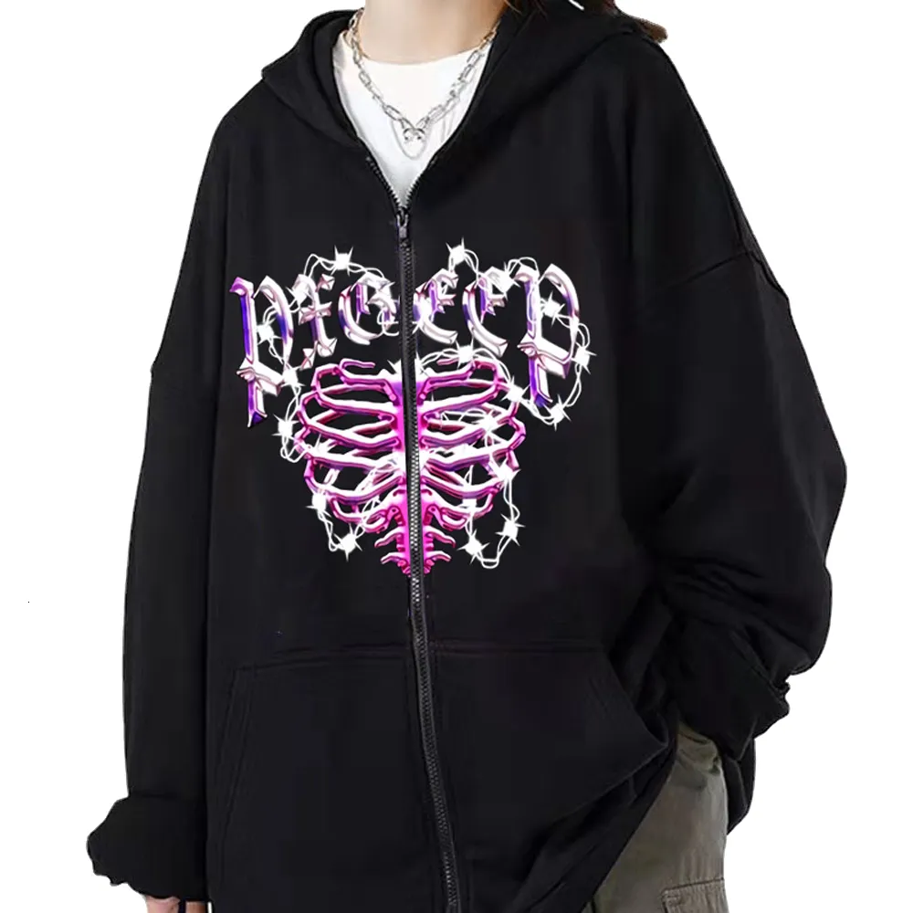 Womens Hoodies Sweatshirts Y2k Long Sleeve Zipper Jacket Coats Harajuku Skeleton Printed Zip Up Gothic Punk High Street Hip Hop Hooded 230601