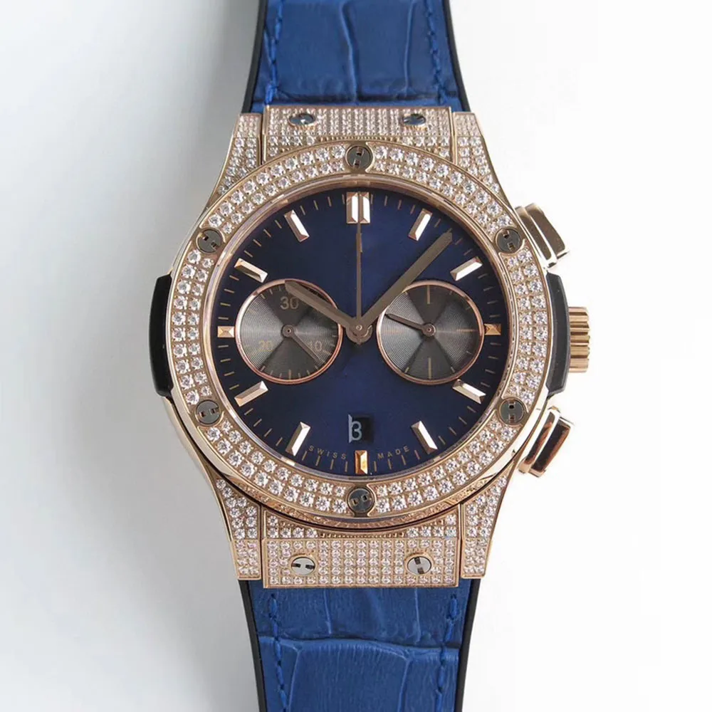 Orologio da lavoro casual 42mm Quadrante blu Quadrante con diamanti Orologi da uomo alla moda Movimento elettronico Orologio da polso al quarzo Cinturino in pelle Orologi da polso di design Orologi di lusso