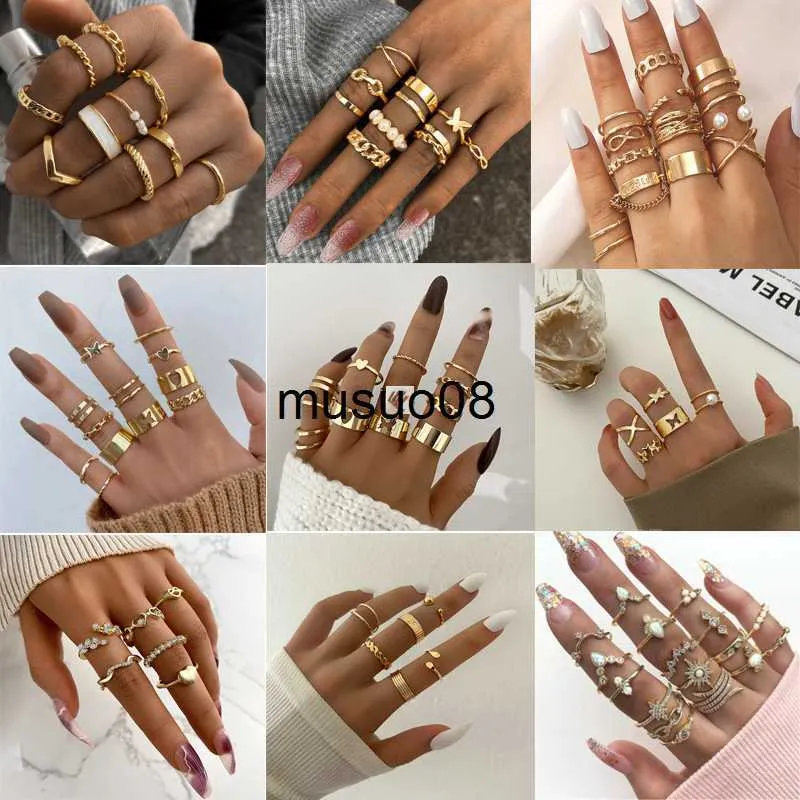 Bandringe Bohemian Vintage Zirkon Ring Set für Frauen Gold Farbe Boho Schmetterling Mond Herz Geometrische Ringe Retro Modeschmuck Geschenk J230602