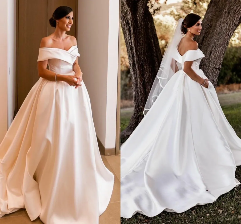 Elfenbeinfarbene Satin-Brautkleider im Boho-Stil, elegant, schulterfrei, schlicht, A-Linie, Brautkleider, Hofschleppe, Übergröße, modernes Empfangs-Partykleid für Frauen, Robe AL7542