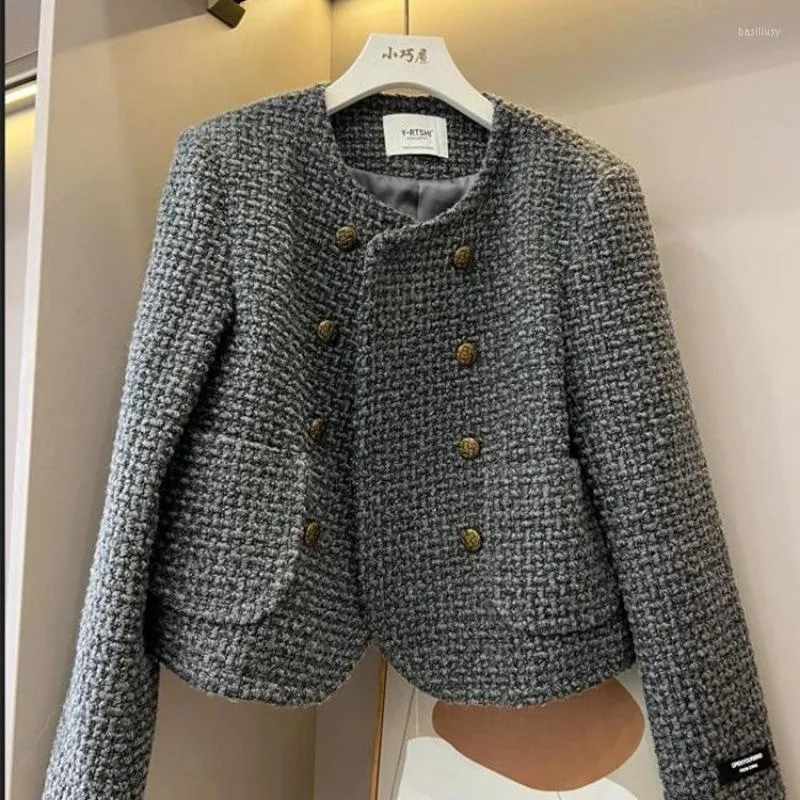 Vestes pour femmes gris noir Tweed mode Corée Version courte femmes veste simple boutonnage femme hauts manteau