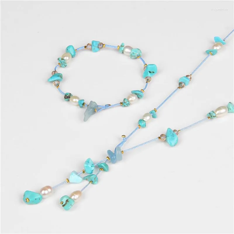 Pendant Necklaces Bohemian Natural Stone Beads Long Necklace Bracelet Set Blue Howlite Pearl Bead Bracelets Boho Beach Style Jewelry For