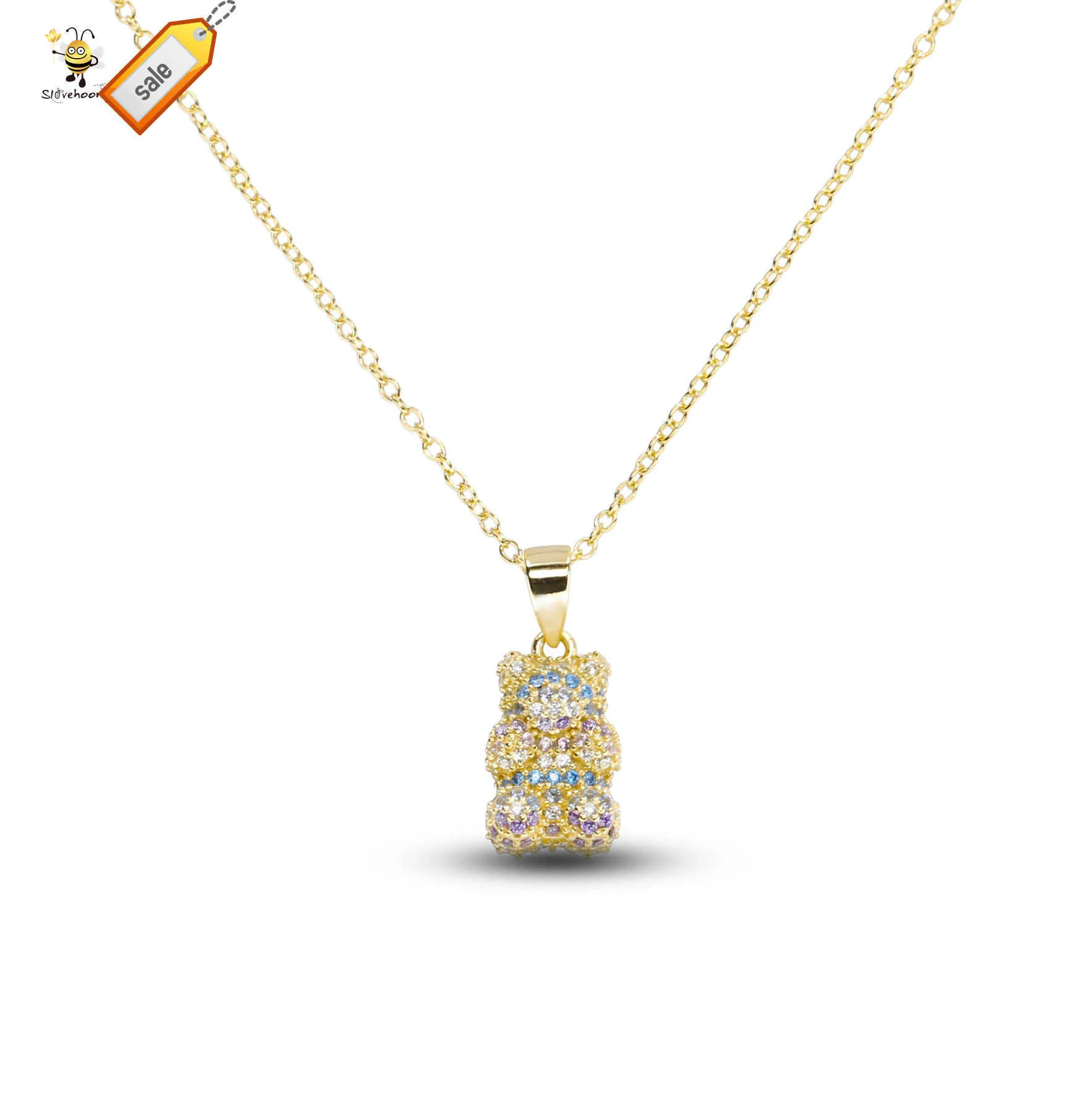 925 Sterling Silver 18k Gold Plated Crystal Zircon Pave Rainbow Teddy Bear Charm Collane con catena a maglie