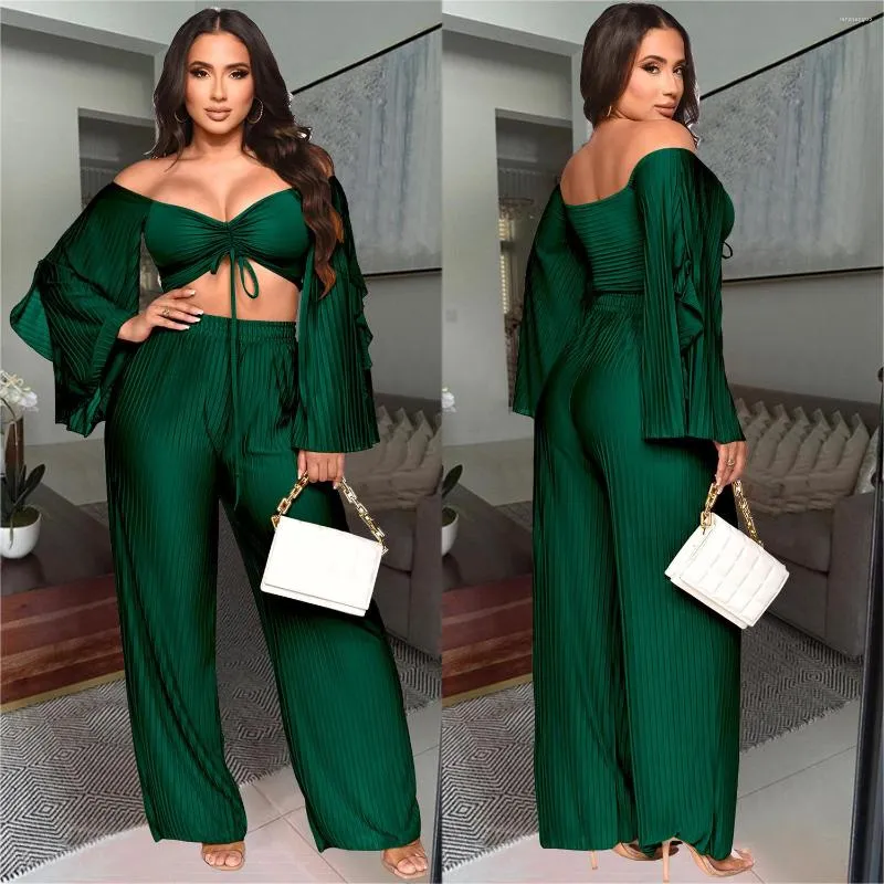 Kvinnors tvåbitar byxor 2023 Fashion Creas Set Women Elegant Office Suit Off Axel Loose Long Sleeve Lace-Up Top och Wide Leg Sets