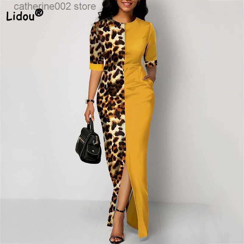 Partykleider Modes runder Neck Patchwork Leopard Druck halb Ärmeln Split Fork Maxi Kleid elegant Rücken Reißverschluss Design HIGT Taille Robe Femme T230602