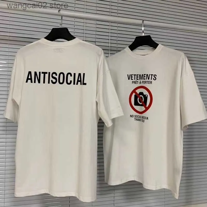 2024 camisetas masculinas Vetements brancos sem camisa de mídia social Homens Mulheres 1 de alta qualidade VTM Tee Antissocial Bordado DVDs de manga curta