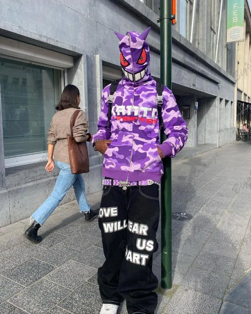 Sweats à capuche pour hommes Harajuku surdimensionné diable à capuche hommes brodé lettre impression Street Wear fermeture éclair Vintage sweat Goth veste