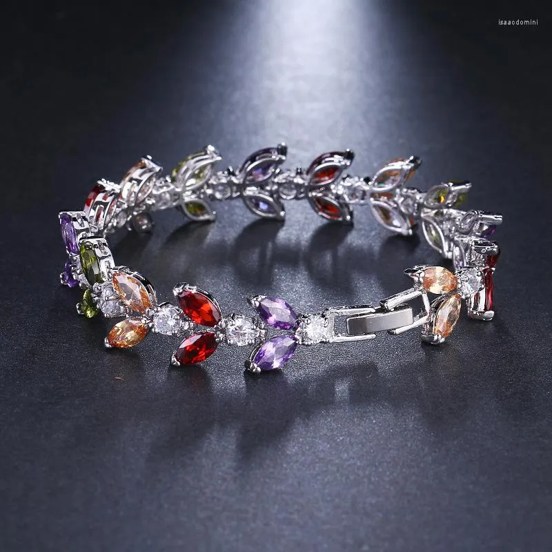 Bangle Honghong Colorful Leaf-Shaped Fashion Bracelet 3A Zircon Feminine Temperament Beautiful Bride Wedding Gift Boutique Jewelry