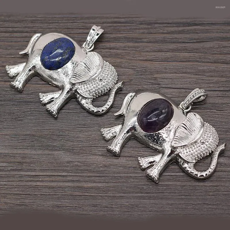 Anhänger-Halsketten, Charms, Zinklegierung, Elefant, natürlicher Lapislazulis, Amethyst, passend für Damen und Herren, Schmuck, DIY-Halskette, Geschenk, 45 x 60 mm