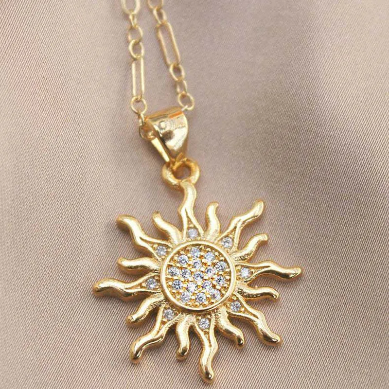 Anhänger Halsketten Gold Farbe Vintage Sonnenform Intarsien Naturstein Anhänger Für Frau Retro Persönlichkeit Halskette Schmuck Zubehör Party Geschenke J230601