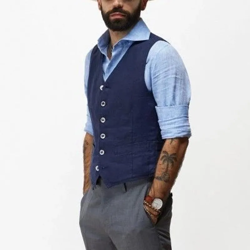 Coletes azul marinho algodão linho coletes para homens vneck colete boutique jaqueta casual colete groosmen masculino noivo usar roupas homem