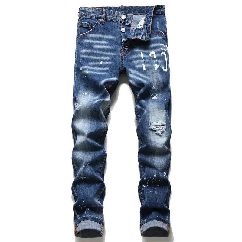 Heren jeans man broek ontwerper zwarte magere stickers lichte wassing gescheurde motorfiets rock revival joggers echte mannen