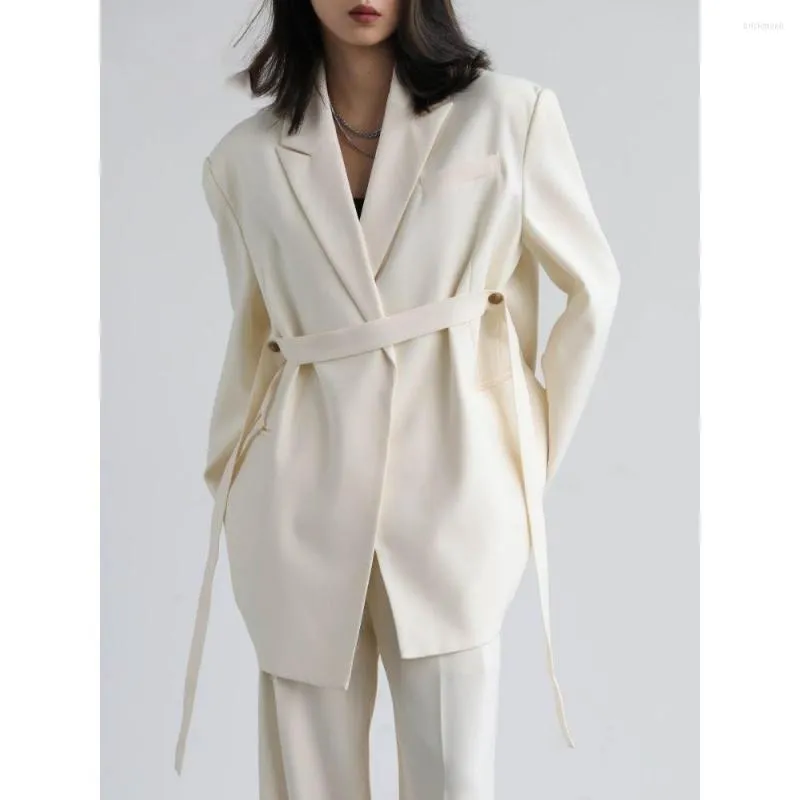 Women's Suits Korean Women Blazer Fashion Design Wide Shoulder Ribbon Solid Medium Long Coat Office Lady Female Overcoat 2023 Spring Summer