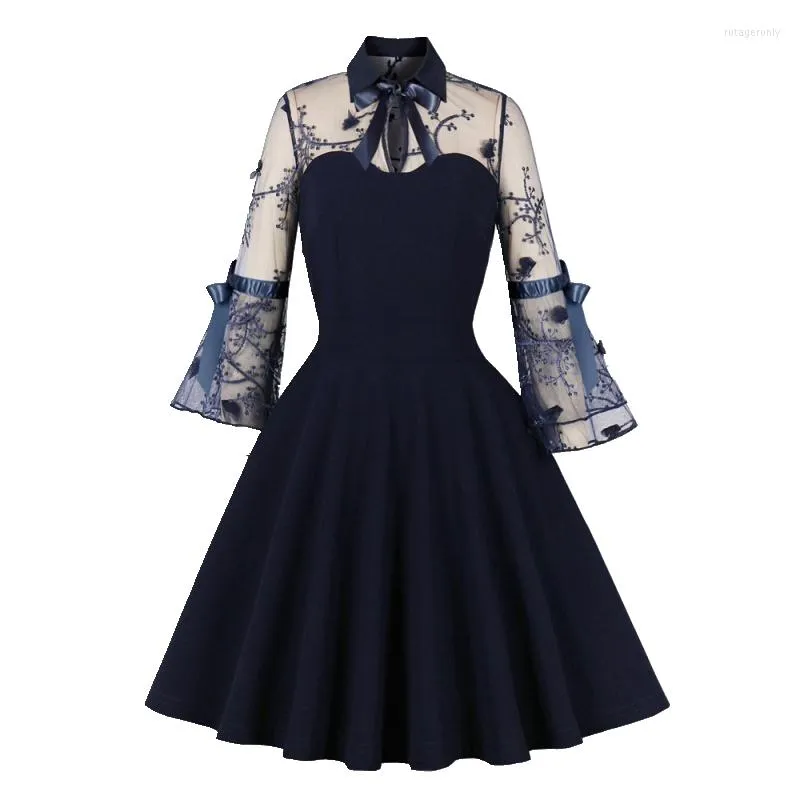 Casual Dresses 1950s Swing Women Evening Dress Turn-Down Collar Mesh 3/4 Length Sleeve Elegant Navy Blue Party Vintage Style Minin Clothing