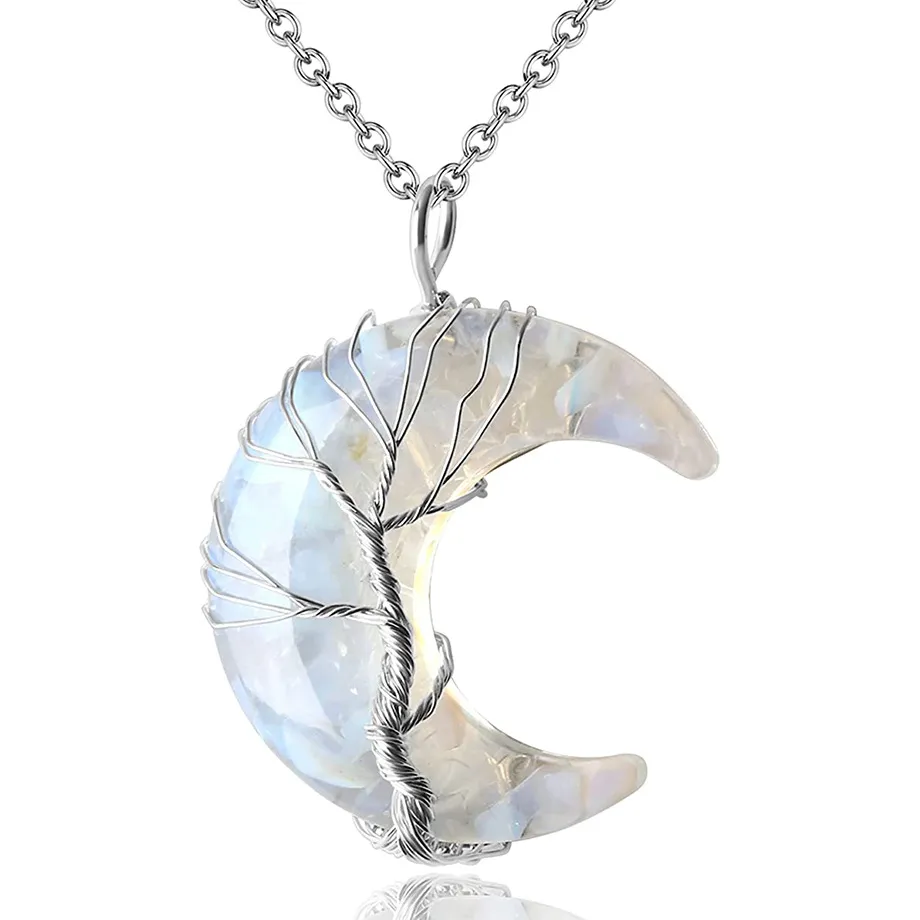 7 Chakras Tree of Life Necklace Wire Wrap Crescent Moons Crystal Pendants Chip Quartz Natural Stone Resin Stainless Steel