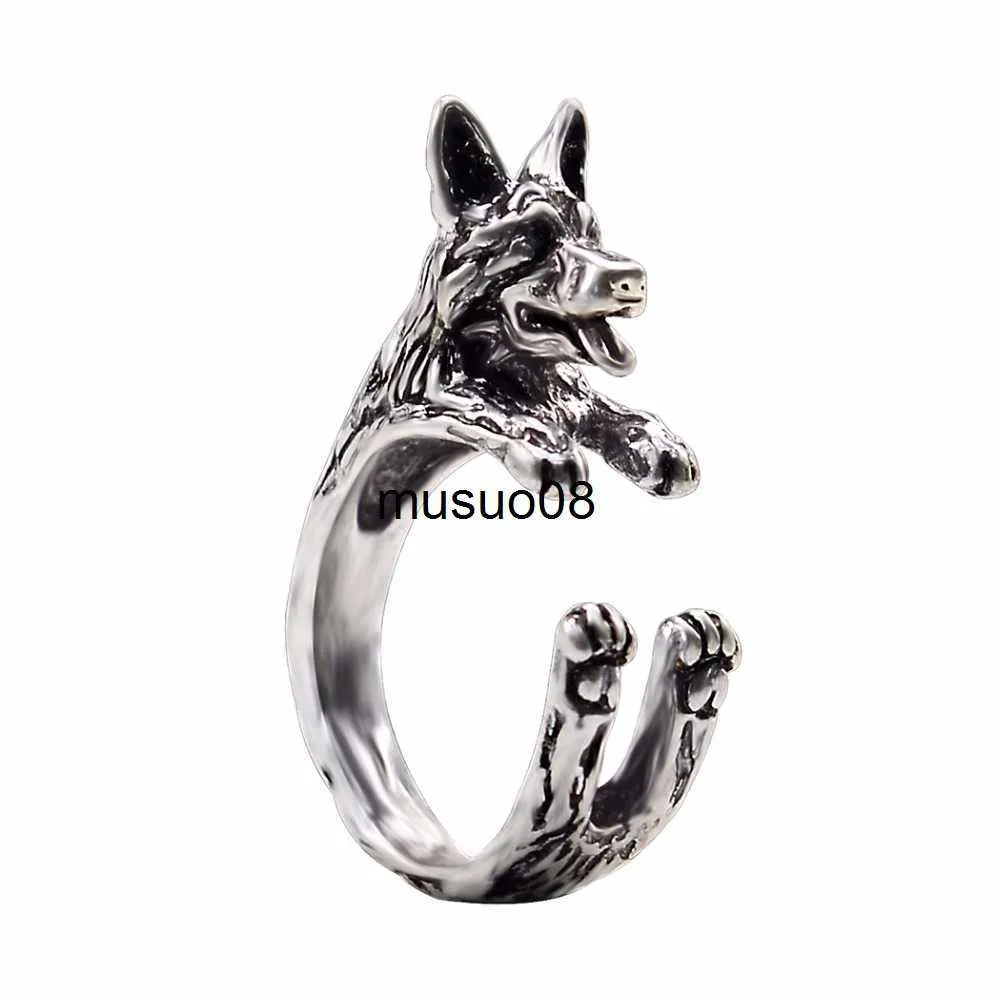 Bandringar Kinitial Fashion Ring Unique Handmade Boho Chic Retro German Shepherd Ring Justerbara fingerringar Petälskare Present Idea Jewelry J230602