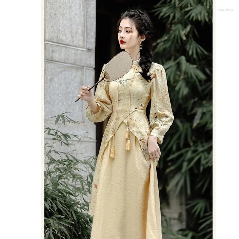 Sıradan Elbiseler Cheongsam Elbise Modern 2023 Retro Vintage Baskılı Geliştirilmiş Qipao Seksi Kadınlar Sonbahar Kış Çin tarzı geleneksel kıyafetler