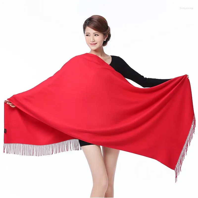 Halsdukar kinesiska röda mjuka kvinnors stora mode fina tofsels kashmir pashima långa sjal halsdukar wrap varm år gåva 1205