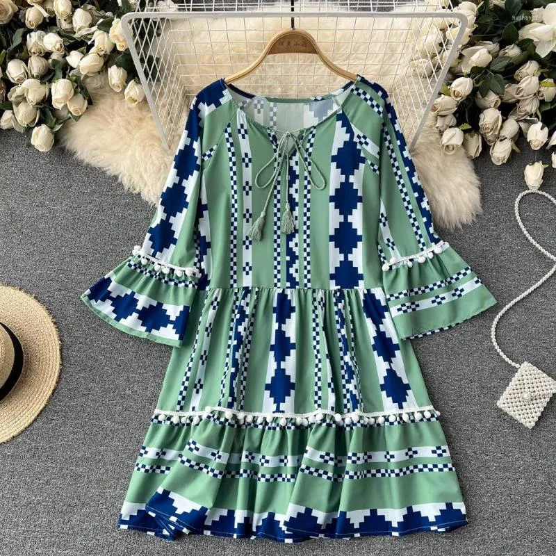 Vestidos casuais Boho Dress 2023 Bohemian Holiday Style Print Trumpet Sleeve Doll Shirt Fresh Fashion Zomer Jurkjes Dames