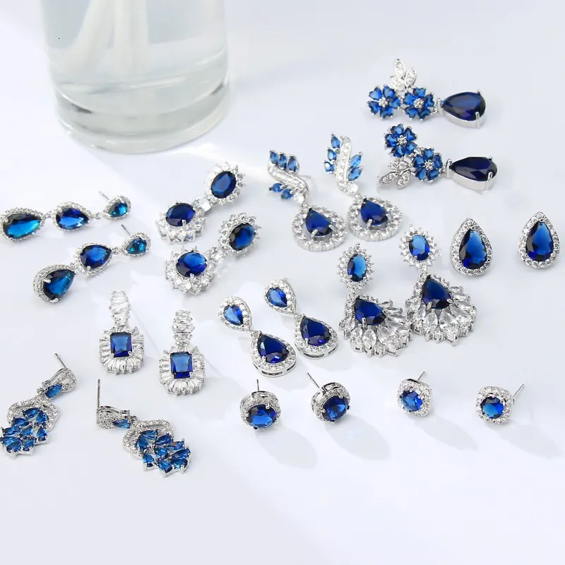 Dangle Chandelier AMC Korea Luxury Dark Blue Long Drop Earring Zircon Ear Studs Navy Blue Bridal Wedding Party Jewelry Accessories Gifts For Women 230602