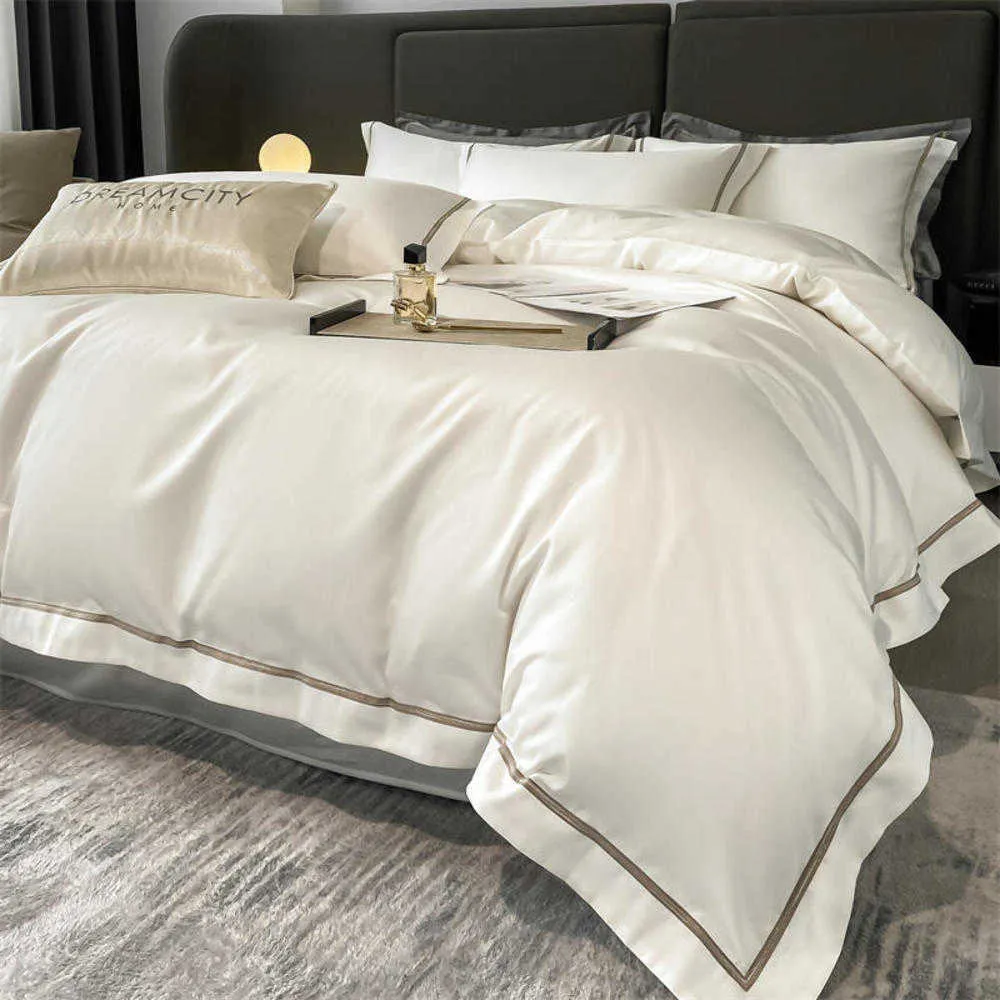 Conjunto de cama de hotel com bordado branco luxo algodão egípcio cor sólida capa de edredom/edredon lençol de cama plano fronhas de tecido para casa casal queen size king size