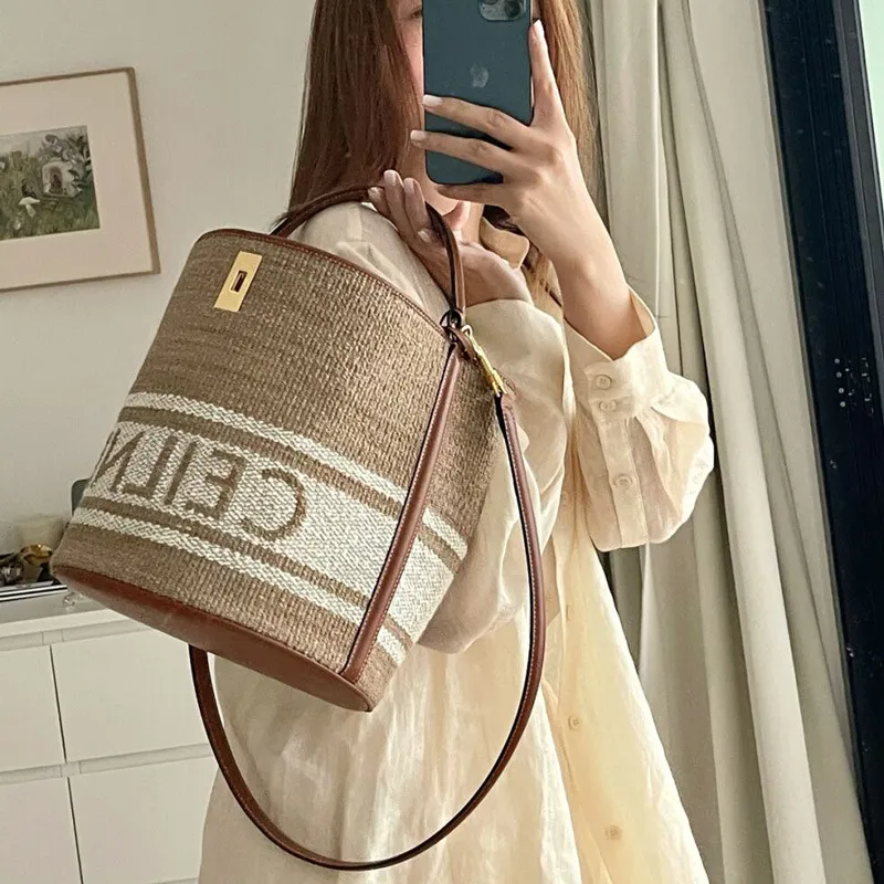 Emmer Tas Leer Enkele Schoudertas Crossbody Tas Retro Wol Gras Gevlochten Tas 2023 Nieuwe Draagbare Damestas Tij