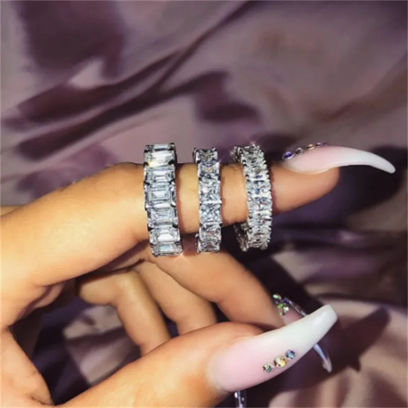 Vecalon Valuable Eternity Band Ring 925 prata esterlina AAAAA Cz Promise Engagement Aliança de casamento anéis para mulheres Jóias masculinas