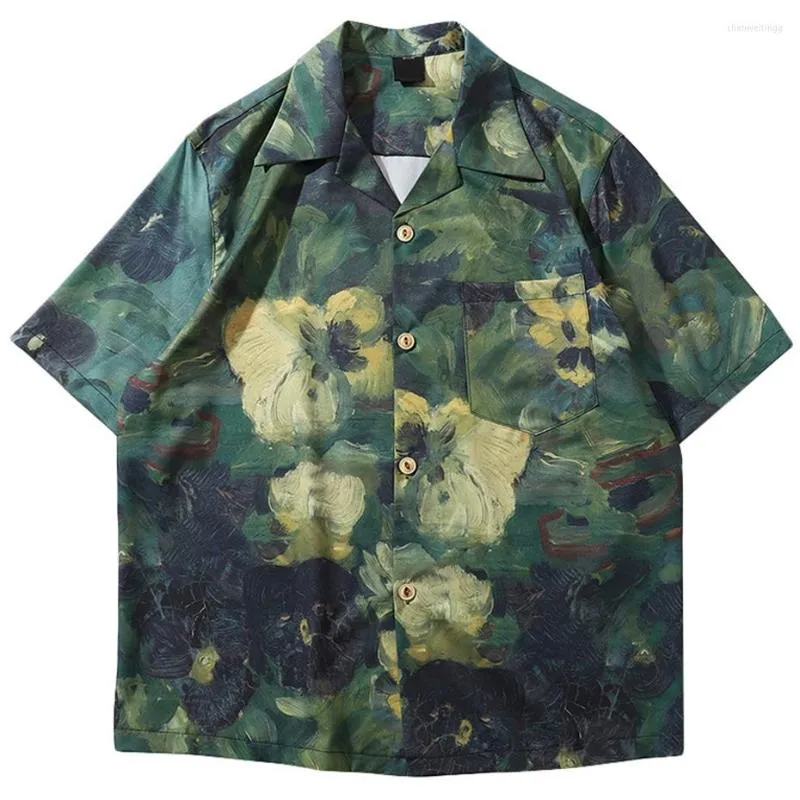 Men's Casual Shirts Summer Hawaii Style Floral Loose Fit Oversized Y2K Hip Hop Shirt Button Up Harajuku Blouse Short Sleeve Flower Tops