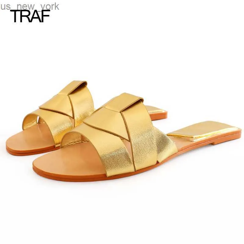 TRAF Women's Flat Slippers sandals Gold Flat Criss-Cross Leather Slider Sandals Woman Summer 2022 Casual Luxury Slingback Shoes L230518