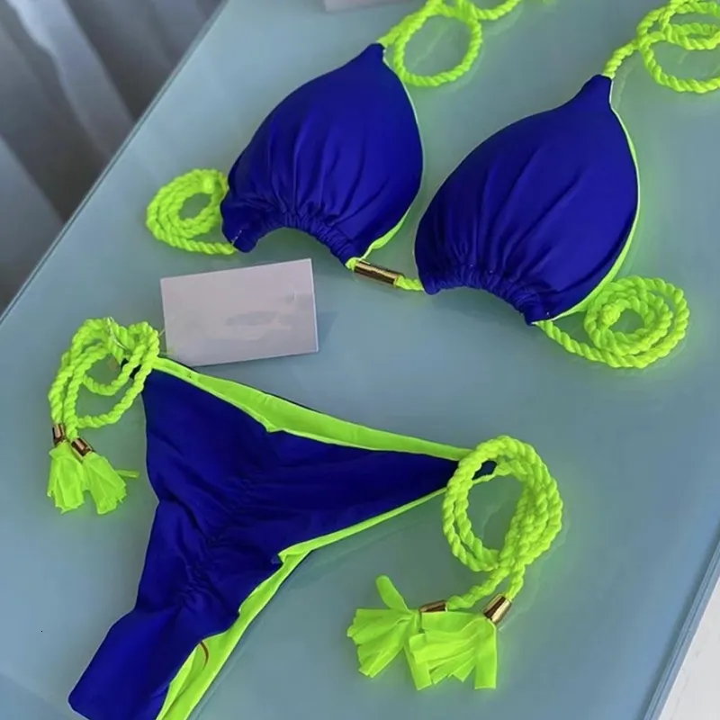 비키니 세트 삼각형 브라질 여성의 섹시한 수영복 여름 수영복 홀리데이웨어와 함께 짠 밧줄 다색 여성 비키니 2023