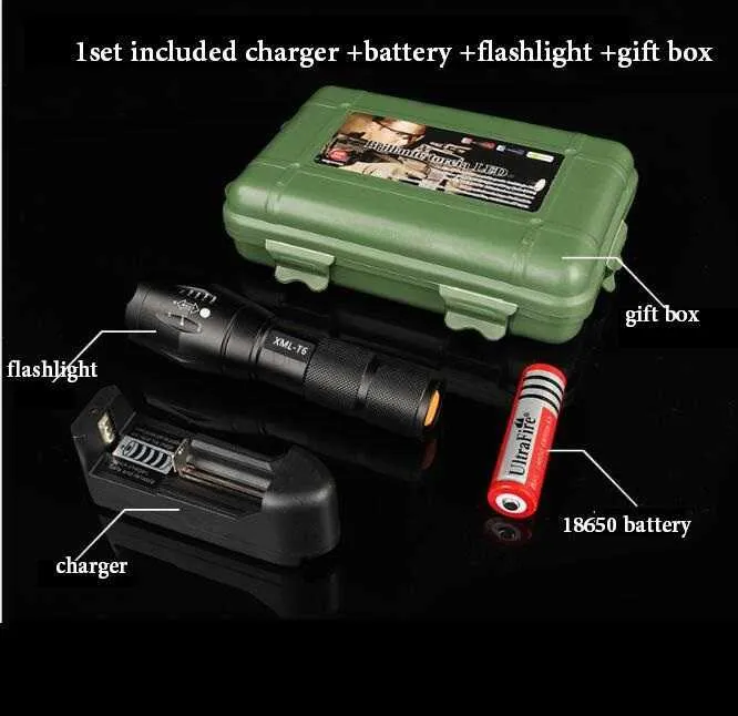 XML T6 ficklampa 5000lm Hög effekt LED Zoom Taktiska LED -ficklampor Torch Lantern Outdoor Hike Travel Light 18650 Uppladdningsbart batteri